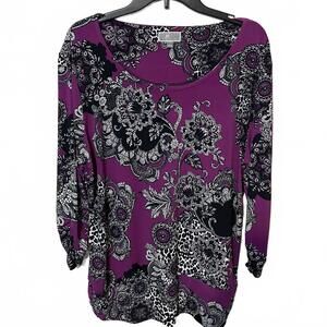 JM Collection Womens Long Sleeve Flowy Purple Floral Boho Chic Blouse Size Large